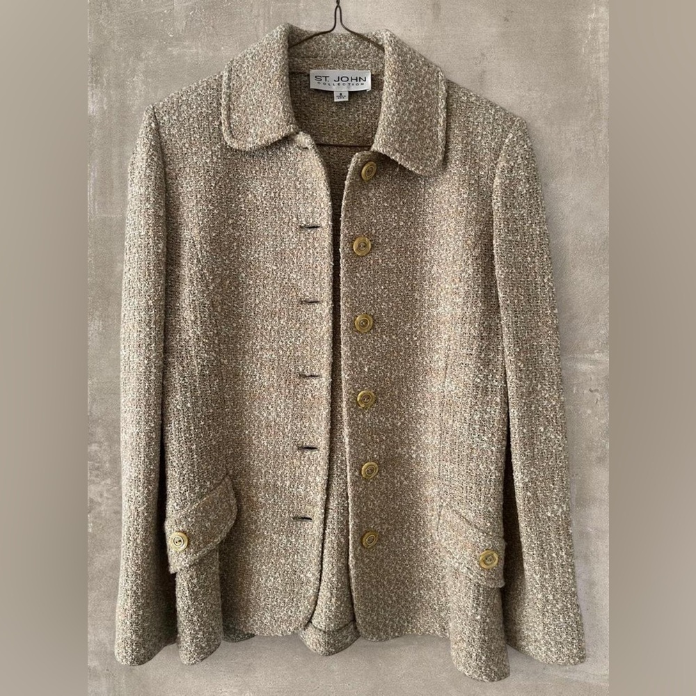 St John Collection Boucle Knit Jacket Beige Textured Blazer Gold Buttons Size 6